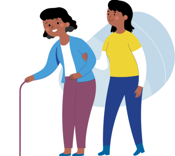 A illustration of a women helping to walk to a older women